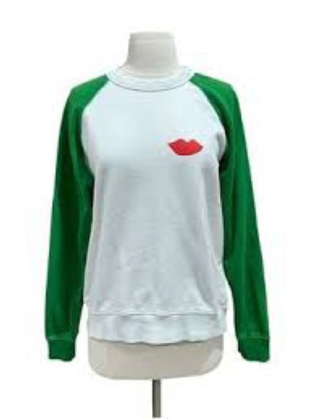 Clare V. Women’s White Raglan Sweatshirt with Green Sleeves and Red Lip Detail